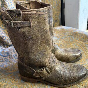 Vintage Shoe Company Cracked Leather Moto Boot in Brown - size US 6 M - (VW6527)